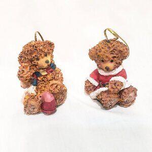 Set of 2 Teddy Bear Christmas Ornament Vintage 2" Santa Resin